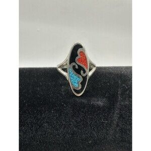 Vintage Native American 840 Silver Womens Ring Size Turquoise Red Coral Hearts